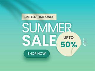 Summer Sale Poster Or Banner Design With 50% Discount Offer On Gradient Blue Background.