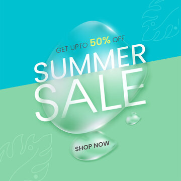 UP TO 50% Off For Summer Sale Poster Design With 3D Render Water Drops.
