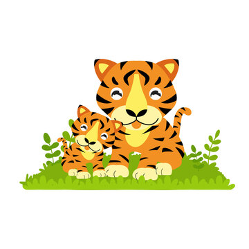 Cute cartoon Tiger mom and baby.