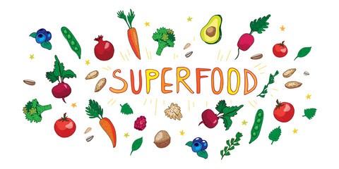Superfood banner with vegetables, flakes, greens, fruits, berries, nuts. Vector illustration with superfood products set on white isolated background, good for banner, flyer, web page, headline.