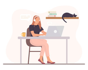 Fototapeta na wymiar Woman is working at the desktop with a laptop and headphones with microphone. Concept illustration for support, assistance, call center. Vector illustration in cartoon style