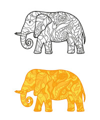 Elephant. Detailed hand drawn zen elephant with abstract patterns on isolated background. Design for spiritual relaxation for adults. Black and white and colorful character