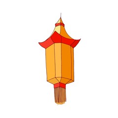 Street paper lantern with fringe. Chinese hanging lamp with candle inside. Asian festival religious light. Traditional oriental decoration. Colored graphic vector illustration isolated on white