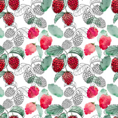 Watercolor seamless pattern with raspberries on a sprig, berry pattern on a white background. Botanical illustration for fabrics, packaging, garden, decoration.