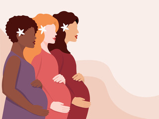 Several young pregnant women stand in profile and hold their large bellies. The concept of motherhood, equality, and family. Vector graphics. - obrazy, fototapety, plakaty