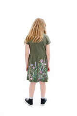 Rear view of modern little girl, standing. Isolated on white background
