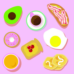 set for an English breakfast or a summer lunch with dessert. A set of products consisting of avocado, bacon, toast, donut, juice, coffee, scrambled eggs, cheese cakes, pancakes, sandwich, cherries