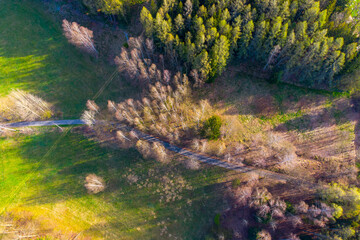 Narrow asphalt road between green meadows and forest. Aerial view from drone.