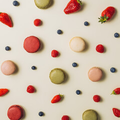 Pattern with creamy and crispy macarons, strawberries, blueberries, and raspberries isolated on a pastel beige background. Creative food concept. Flat lay, top view.