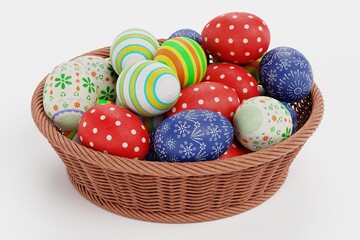 Realistic 3D Render of Easter Eggs in Basket