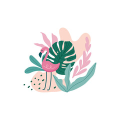 Flamingo with tropical leaves, monstera, palm leaves, hibiscus, vector