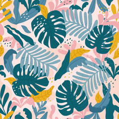 Naklejka na ściany i meble Tropical seamless pattern with monstera and exotic leaves. Vector