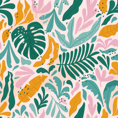 Tropical seamless pattern with monstera and exotic leaves. Vector