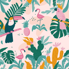 Tropical seamless pattern with toucan, flamingos, parrot,  cactuses and exotic leaves. Vector