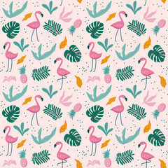 Tropical seamless pattern with flamingos, exotic leaves. Vector
