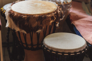 Various ethnic percussion musical instruments djembe drums