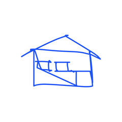 House icon of rough line art, one line, blue 04