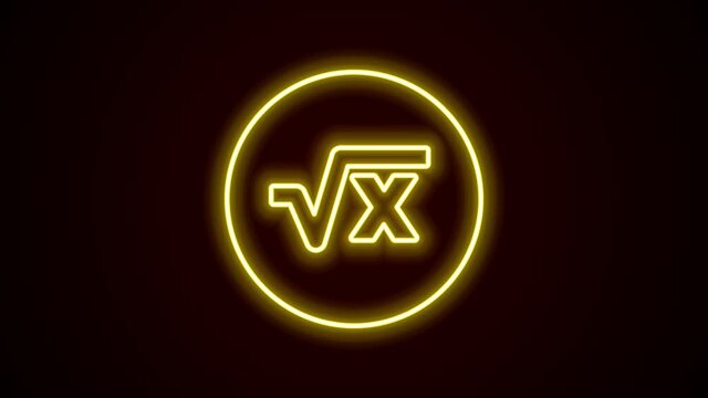 Glowing neon line Square root of x glyph icon isolated on black background. Mathematical expression. 4K Video motion graphic animation