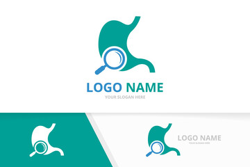 Vector stomach and loupe logo combination. Gastrointestinal tract and magnifying glass logotype design template.