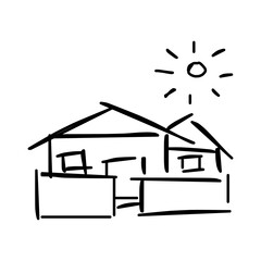 House icon of rough line art, sun, black 31