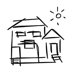 House icon of rough line art, sun, black 23