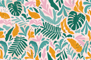 Fototapeta na wymiar Tropical seamless pattern with monstera and exotic leaves. Vector