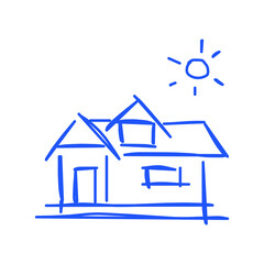 House icon of rough line art, sun, blue 13