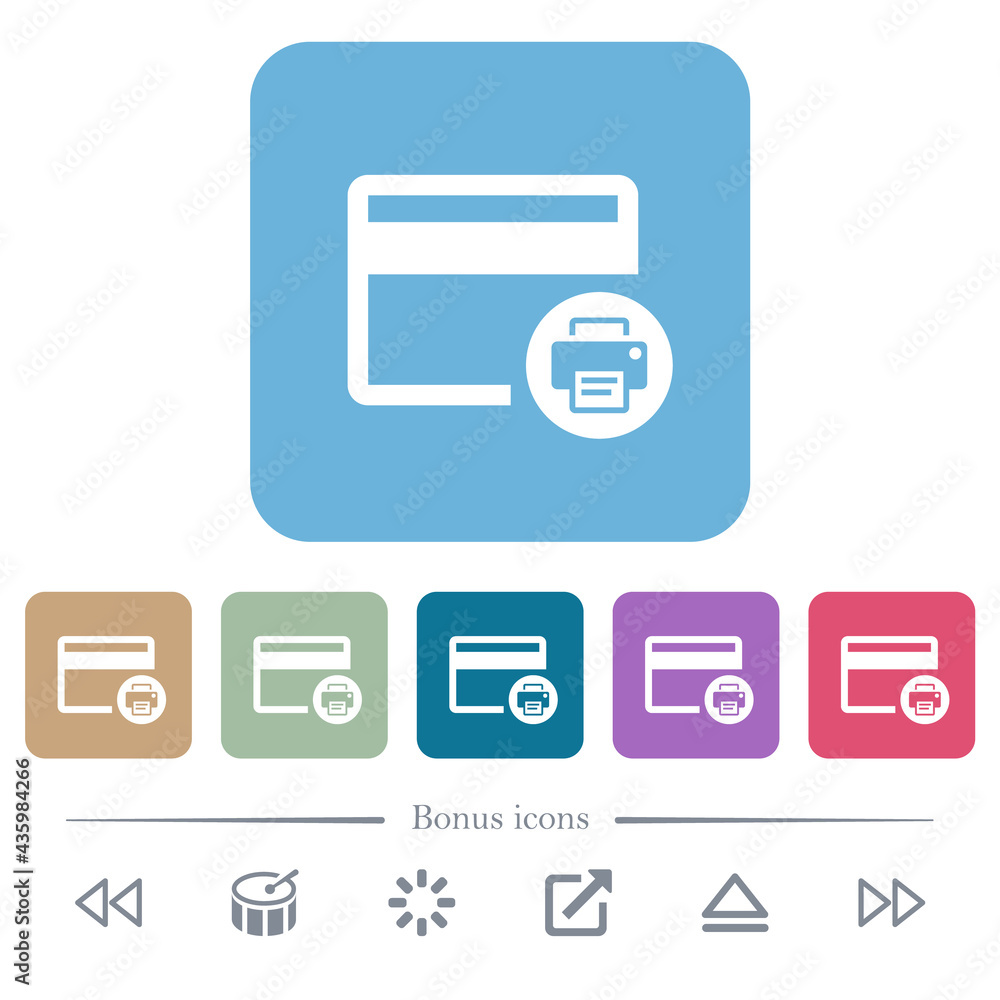 Aufkleber credit card print record flat icons on color rounded square backgrounds