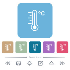 Celsius thermometer warm temperature flat icons on color rounded square backgrounds