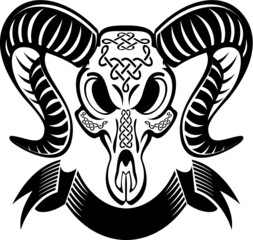 ram skull with celtic knots and banner