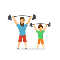 father and son exercising together, lifting barbells in gym, dad gives good example to his kid, healthy lifestyle active family