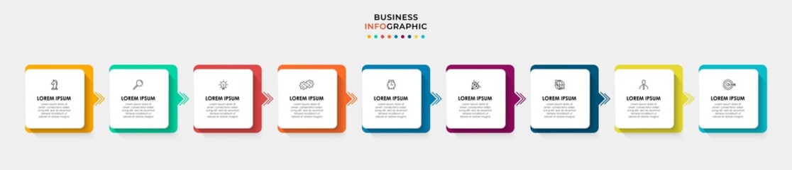 Vector Infographic design business template with icons and 9 options or steps. Can be used for process diagram, presentations, workflow layout, banner, flow chart, info graph