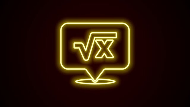 Glowing neon line Square root of x glyph icon isolated on black background. Mathematical expression. 4K Video motion graphic animation