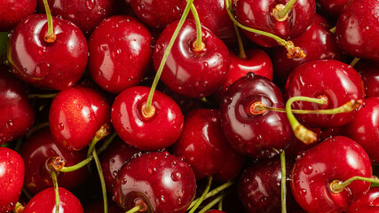 ripe, red, fresh cherry berries with water drops, close-up, delicious background