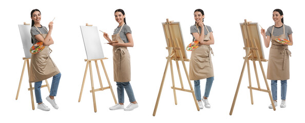 Young woman drawing on easel against white background, collage. Banner design