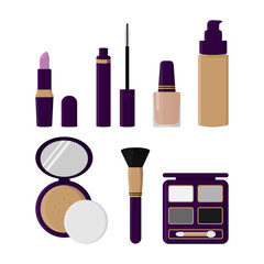A set of cosmetics. Lipstick, mascara, nail polish, foundation, compact powder, powder brush, eyeshadow. Flat vector illustration