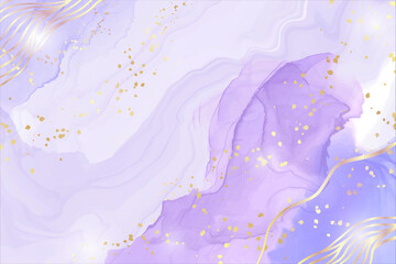 Abstract purple liquid watercolor background with golden stain and lines. Violet geode hand drawn flow alcohol ink effect. Vector illustration design template for wedding invitation