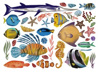 Naklejka premium Colorful watercolor set of marine life, abstract tropical fishes. Modern textured illustration isolated on white background. Can be use for poster, icons, banner, print, textile, card, children’s book