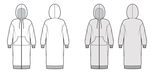 Dress zip-up hoody technical fashion illustration with long sleeves, kangaroo pouch, rib cuff, knee length skirt. Flat apparel front, back, white, grey color style. Women, men unisex CAD mockup