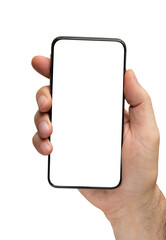 Hand holding blank screen Smartphone or Phone mockup isolated on white background including clipping path.