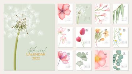 2022 botanical calendar template. Calendar with modern abstract transparent flowers with pastel colors. Set for 2022 with 12 pages for each month. Vector illustration with realistic flowers and leafs - obrazy, fototapety, plakaty