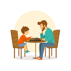 father and son, man and boy playing chess together, fun isolated vector illustration scene