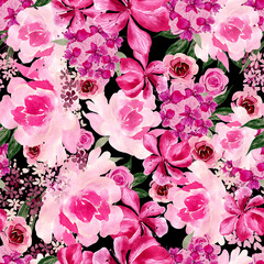 Watercolor seamless pattern with roses and peony flowers. Illustration