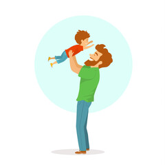 happy cheerful father and son playing, dad lifting up his boy in the air, isolated cute cartoon vector illustration, fathers day scene
