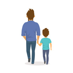 father and son walking together holding hands,happy  fathers day backside view isolated vector illustration scene
