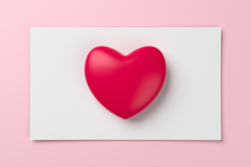 Blank white gift card with red heart on pastel pink background with shadow. 3D rendering