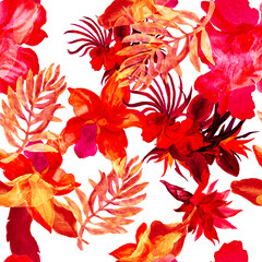 Pink Watercolor Design. Coral Flower Background. Orange Seamless Backdrop. Scarlet Pattern Plant. Tropical Texture.Isolated Plant.Fashion Foliage. Art Design.