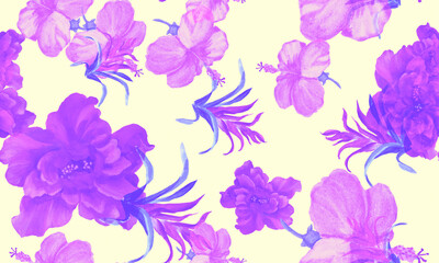Fototapeta na wymiar Pink Hibiscus Illustration. Purple Flower Palm. Vanilla Seamless Palm. Violet Watercolor Set. Pattern Garden. Tropical Plant. Exotic Backdrop.Art Leaf