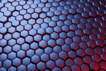 Abstract background, metal geometric hexagonal wallpaper. Blue and red surface reflection. Honeycomb hexagonal 3d render