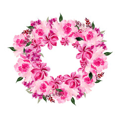 Fototapeta na wymiar Watercolor wreath with roses and peony flowers. Illustration